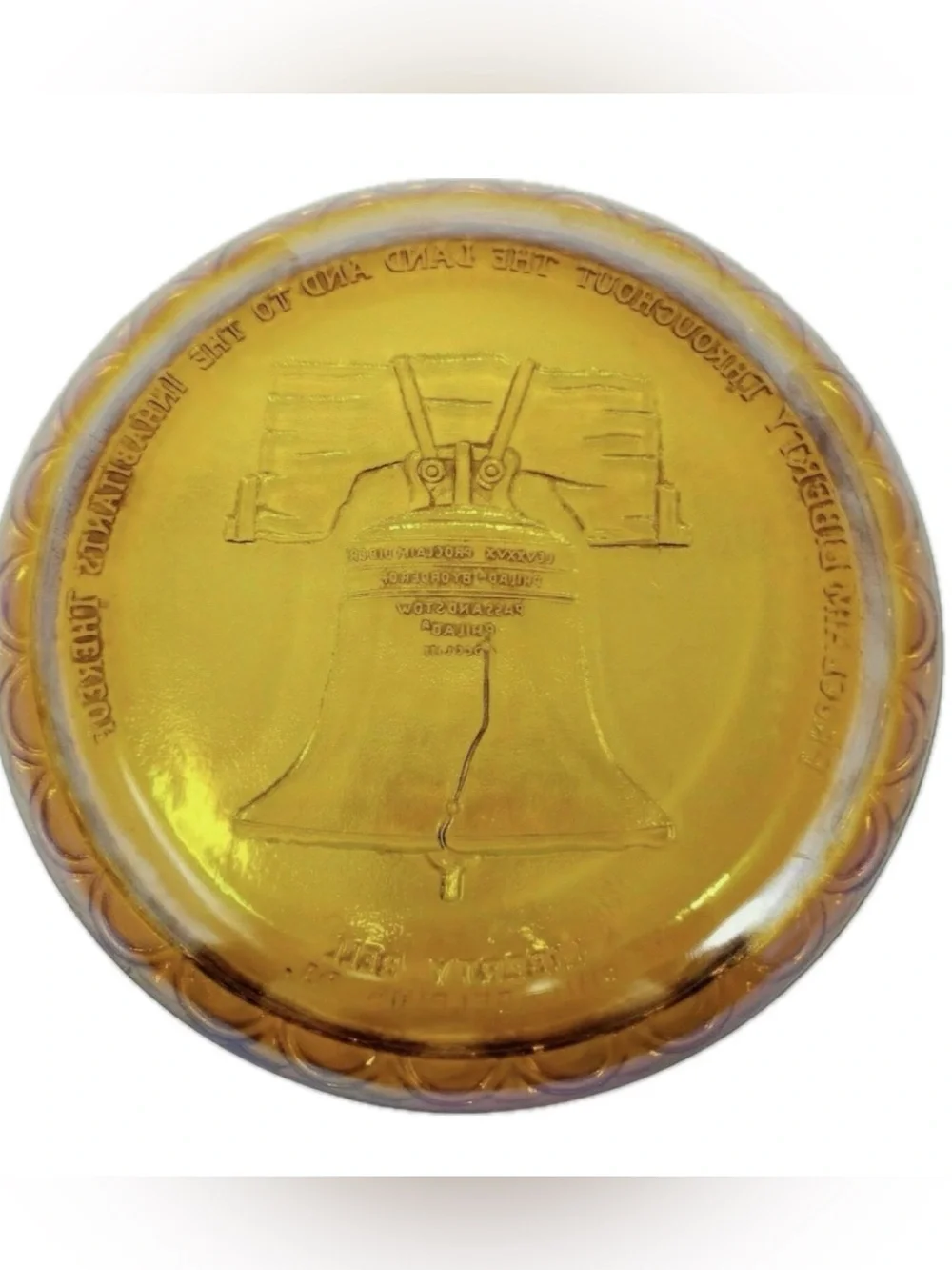 Vintage Indiana Glass Co. Liberty Bell Gold Carnival Glass Bicentennial Plate